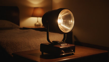Vintage retro lamp on the bed in the bedroom at night.の素材
