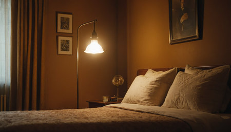 Bedroom interior with a lamp and a bed in a hotel roomの素材
