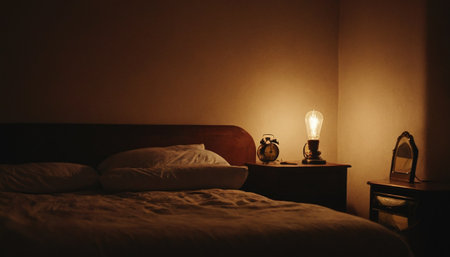 Bedroom interior with lamp and bedclothes in the dark.の素材