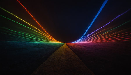 Colorful laser show in the dark. Laser rays make their way through the darkness. Selective focusの素材