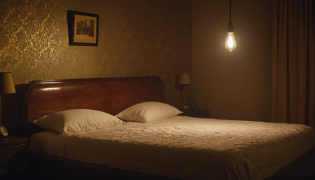 Interior of a hotel room with a double bed and a lampの素材