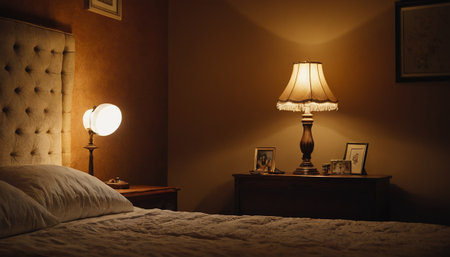 Interior of a hotel bedroom with a bedside table and lampの素材