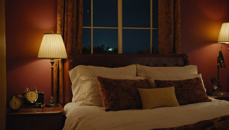 Interior of a hotel room with a bed, lamp and a clockの素材