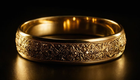 Gold wedding ring on a black background. Close-up shot.の素材