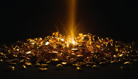Burning gold nuggets on dark background. Selective focus.の素材