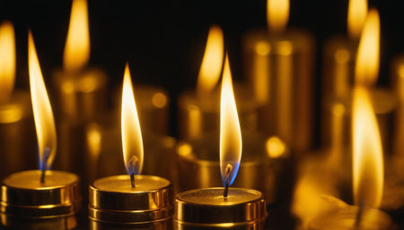 Burning candles on a black background. Selective focus. Shallow depth of fieldの素材