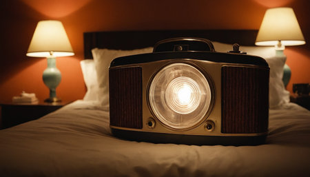 Retro radio on the bed in the bedroom. Vintage style.の素材