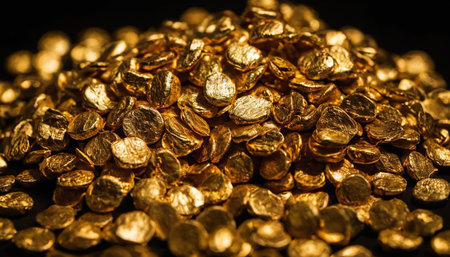 Pile of gold nuggets on a black background. Macro.の素材