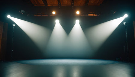 Stage lights in the dark room. The stage is illuminated by spotlights.の素材