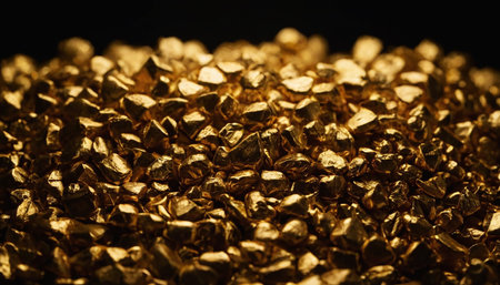 Gold nuggets scattered on a black background. Shallow depth of fieldの素材