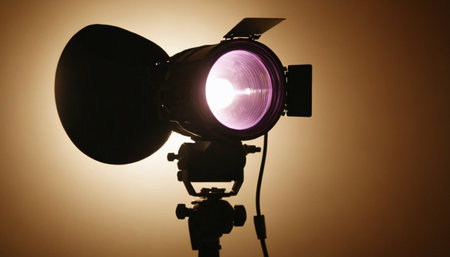 Studio lighting equipment on a brown background. Soft focus, shallow DOF.の素材