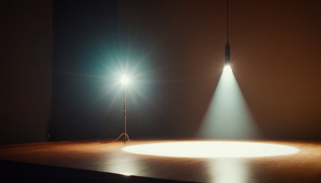 Spotlight illuminates a stage in a dark room. 3d renderingの素材