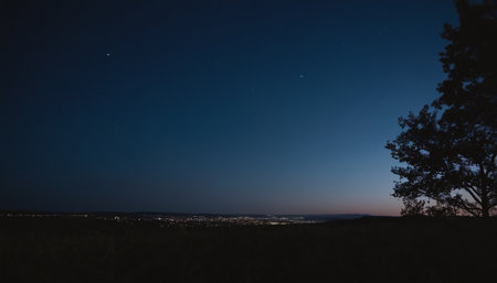 Night sky with stars and milky way. View from the hill.の素材