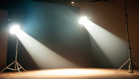 Photo studio with floodlights and spotlights on a background of smokeの素材