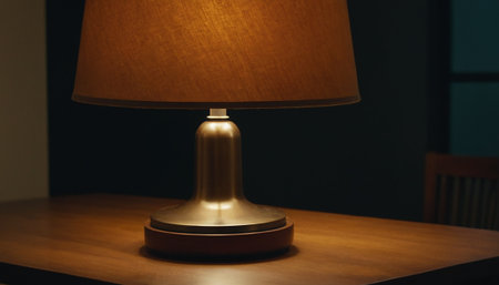 Lamp on a wooden table in a dark room. Selective focusの素材