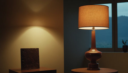Lamp in the interior of a hotel room with a mountain viewの素材