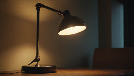 Lamp on wooden table in dark room, closeup. Interior designの素材