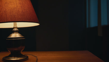 Vintage lamp on wooden table in dark room. Selective focus.の素材
