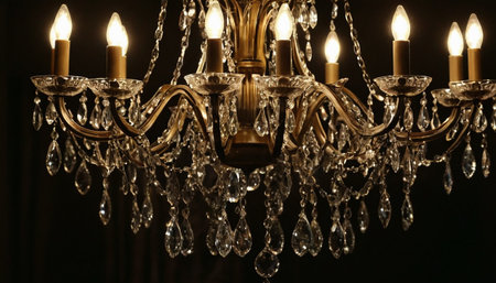 Crystal chandelier with burning candles on a black background, close-upの素材