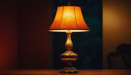 Vintage lamp on the wooden table in dark room. Selective focus.の素材