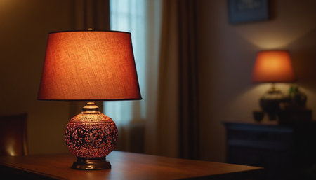 Lamp on the bedside table in the bedroom at night.の素材