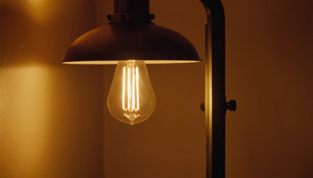 Vintage light bulb on the wall in dark room with copy spaceの素材