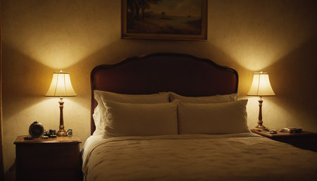 Interior of a hotel room with a bed and a table lampの素材
