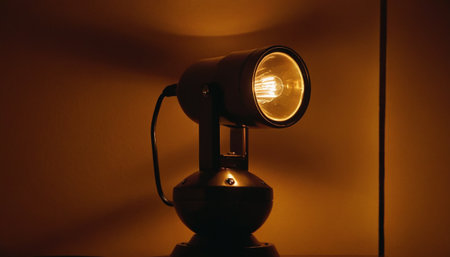 A lamp on a wall in a room lit by a warm lightの素材