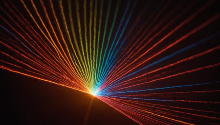 Fiber optics background - closeup of colorful light rays on blackの素材
