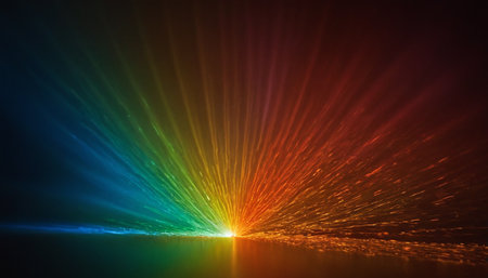 abstract background with colorful rays of light from the center on a dark backgroundの素材