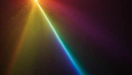 abstract rainbow light with rays and bokeh on black backgroundの素材