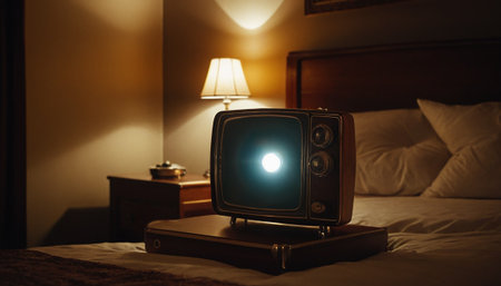 Vintage old television on bed in bedroom at night. Selective focus.の素材