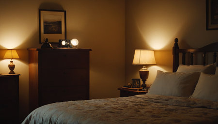 Interior of a hotel bedroom with wooden bedside table and lampの素材