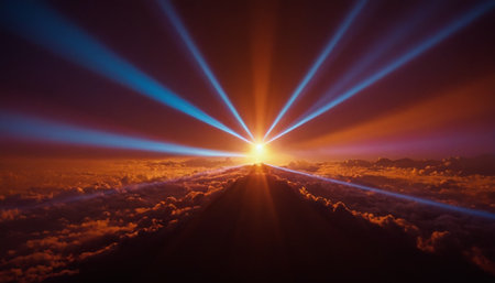 Beautiful sunrise above clouds with rays of light. 3d renderingの素材