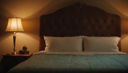 Interior of a hotel bedroom with a bed and a lamp.の素材