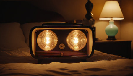 Retro radio on bed in bedroom at night. Vintage style.の素材