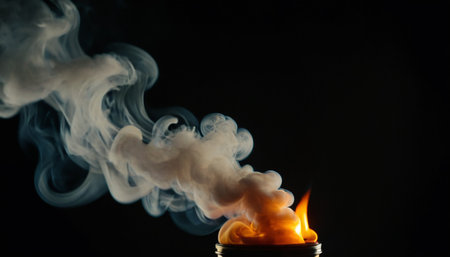 Smoke from a burning candle on a black background with copy spaceの素材