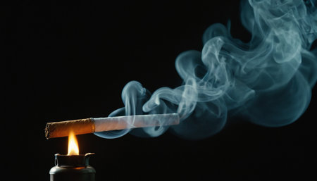 Cigarette in a lighter on a black background with smoke.の素材