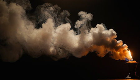 Burning candle in a candlestick with smoke on a dark backgroundの素材