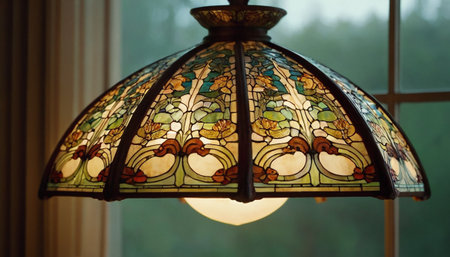 Close up of a vintage lampshade on a window sill.の素材