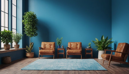 Interior of modern living room with blue walls, wooden floor, comfortable brown armchairs and green plants. 3d renderingの素材