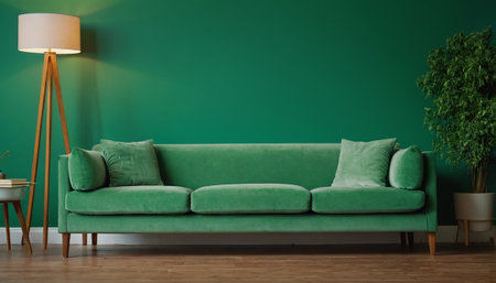 Green sofa with pillows in living room. 3d render.の素材