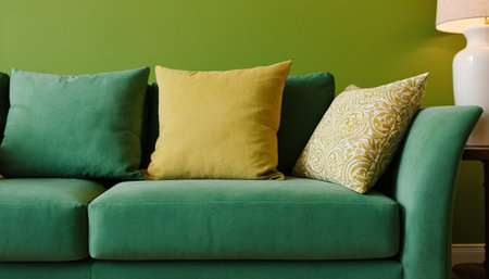 Green sofa with pillows and table lamp on green wall background.の素材