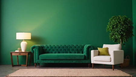 interior with green sofa and lamp 3d render illustration mock upの素材