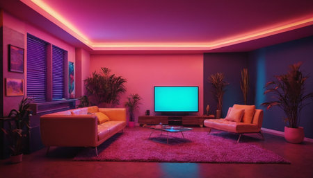 Interior of a modern living room with a sofa and a TVの素材