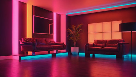 Interior of modern living room with pink and blue neon light. 3D renderingの素材