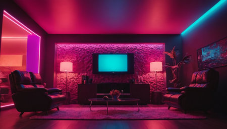 Interior of a modern living room with a TV set on the wallの素材