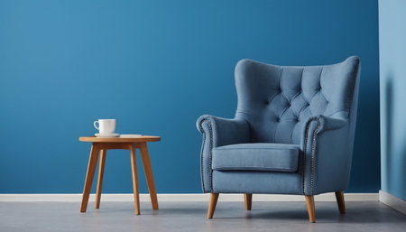 Blue armchair and coffee cup in modern living room with blue wallの素材