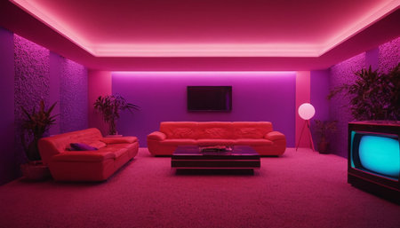 Interior of a modern living room with pink walls and a sofaの素材