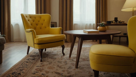 Yellow armchairs in a living room, interior design, vintage styleの素材